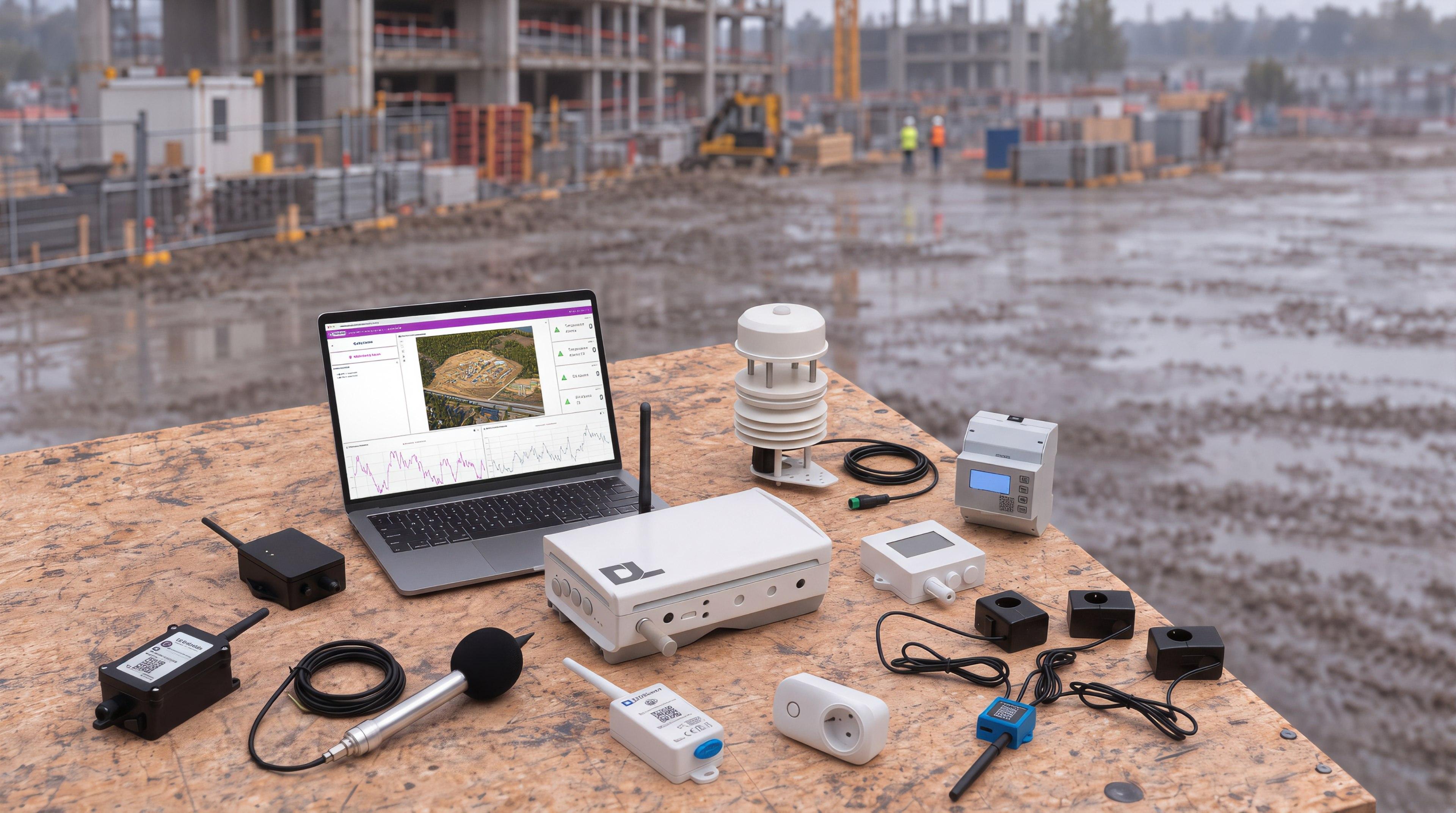 Devlabs sensors, a sound level probe and gateways on a board at a construction site, with a laptop showing the dashboard